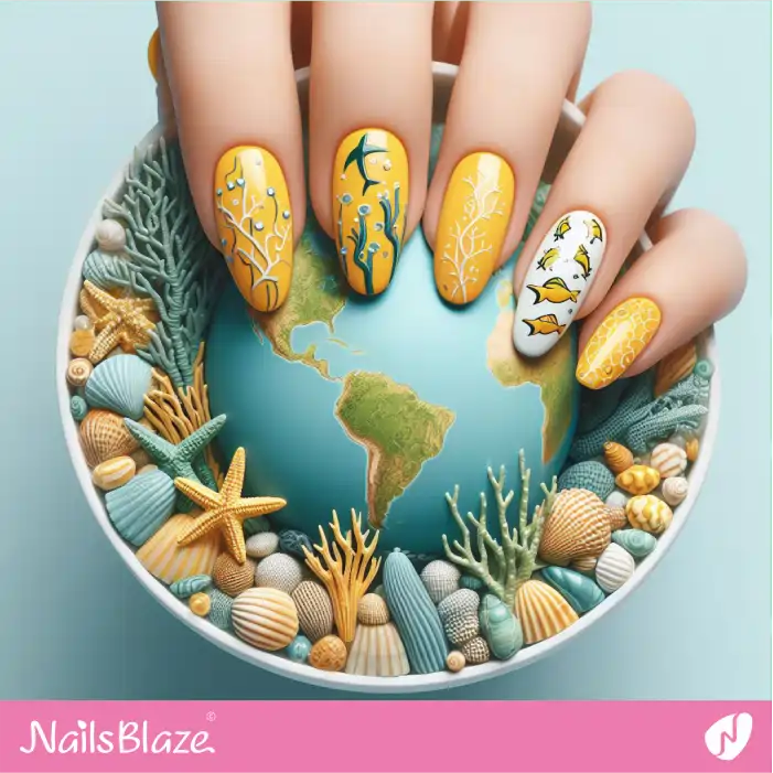 Almond Nails with Ocean Conservation Theme | Save the Ocean Nails - NB2826
